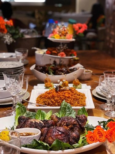 Array of traditional Nigerian dishes arranged on a table