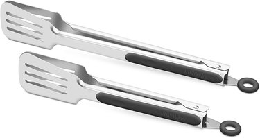 Spatula-type tongs in two lengths on a white ground