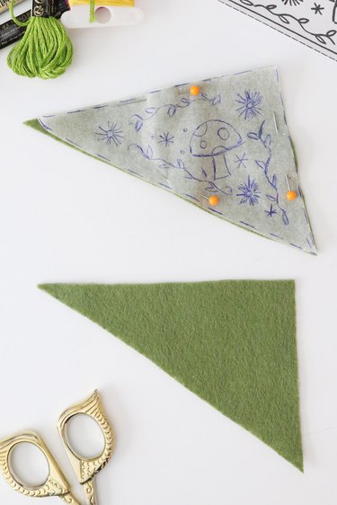 Felt triangles for mushroom embroidered corner bookmark