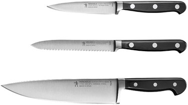 Three Henckels knives with black handles, on a white ground