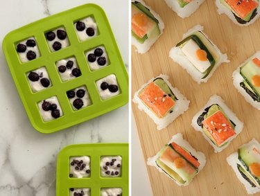Side-by-side collage featuring pancake batter with blueberries and chocolate chips in a green ice cube tray on the left side and completed sushi squares on the right side