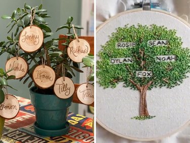 Collage featuring jade trees with wooden ornaments and an embroidered green family tree