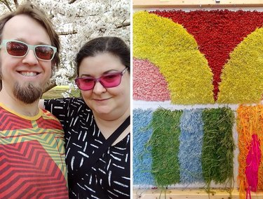 Collage of two images: the left image featuring a couple wearing sunglasses and the right image featuring a tufted wall hanging with yellow, red, pink, blue, green and orange yarn