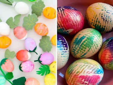 Collage with eggs decorated to resemble fruits and vegetables alongside eggs decorated with a tie-dye effect