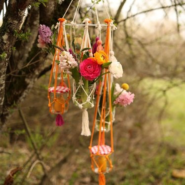 Macramé plant hanger made with mini Bonne Maman jars