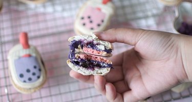 Cross-section of ube white chocolate boba macaron