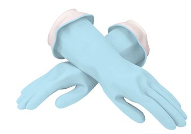 a pair of light blue dishwashing gloves against a white background.