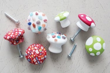 DIY cabinet knobs with decoupage Liberty print, terrazzo-inspired embellishments and painted mushroom designs