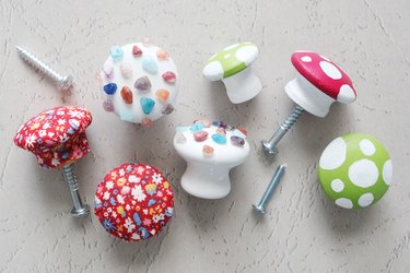 DIY cabinet knobs with decoupage Liberty print, terrazzo-inspired embellishments and painted mushroom designs