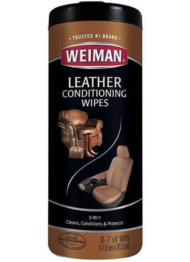A brown tube shaped container of Weiman leather conditioning wipes.