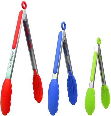 Hot Target Silicone-Tipped Stainless Steel Tongs (Set of 3) in Red, Blue and Green