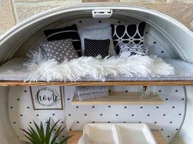 finished tiny pillows in vintage suitcase dollhouse sleeping loft