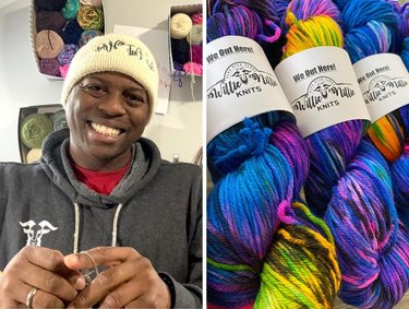 Collage with two photos: one with Willie Smith sits in his workspace in a knitted hat, with yarn in the background, the other with brightly colored yarn