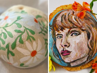 Side-by-side collage with two painted sourdough loaves, one featuring white flowers and the other featuring a likeness of Taylor Swift