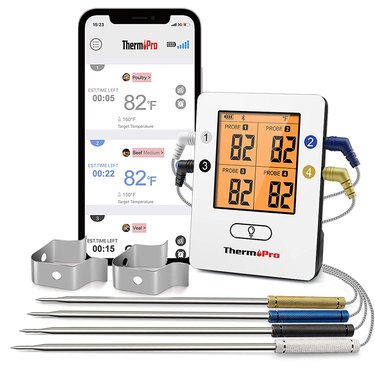 ThermoPro smart thermometer with four probes and smartphone app, displayed on a white ground