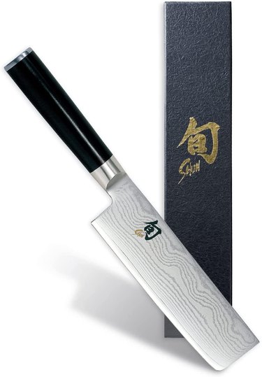 Shun nakiri knife and gift box on a white ground