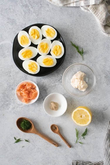 Ingredients for smoked salmon and dill deviled eggs