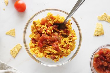 Beans, rice and salsa in a bowl