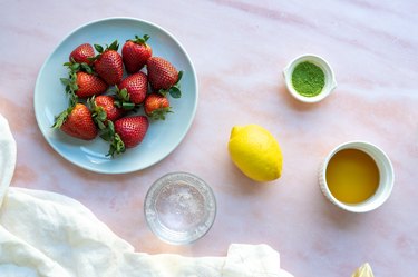 ingredients for the strawberry matcha lemonade fizz.