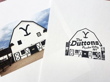 "Yellowstone" barn inspiration photo with picture of final custom stamp design