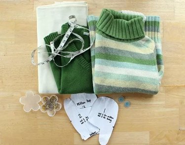 Striped sweater and other materials for making mittens.