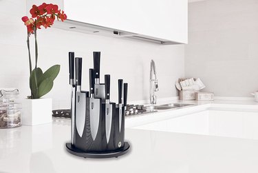 Böker Wood Magnetic Knife Block on a Kitchen Counter Next to an Orchid