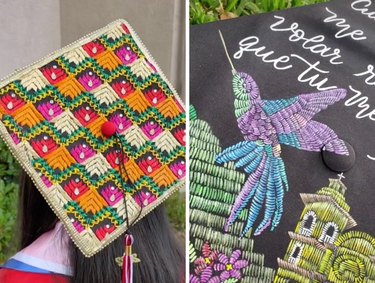 Two graduation caps: The cap on the left features fabric in orange, green, white, red and pink, while the cap on the right is hand-painted with a purple, blue and green bird, a bright green building and purple flowers