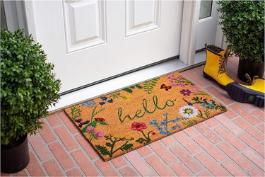 Front door with a brick slab and a coir doormat featuring spring plants, flowers, and insects, and the word "hello" scrawled across it.