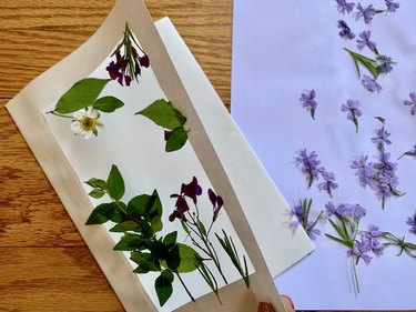 Purple and white flowers, along with greenery, pressed onto white card stock card