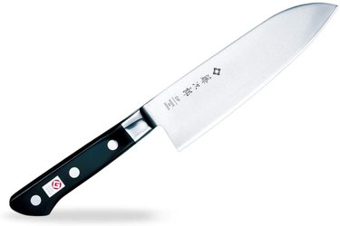 Tojiro santoku knife on a white ground