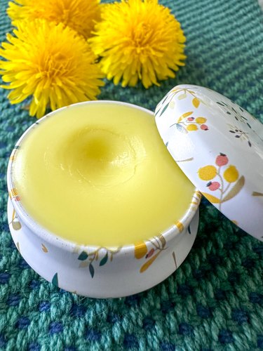 finished dandelion salve in a tin container