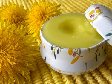 close-up of dandelion salve in a small tin