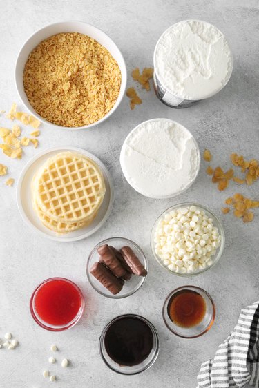 Ingredients for fried chicken and waffles ice cream