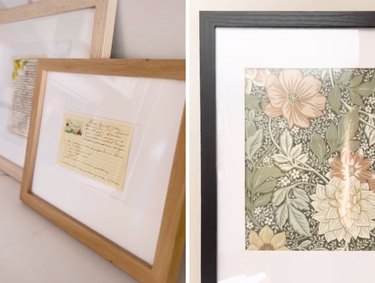 Framed family recipe cards and framed floral wallpaper