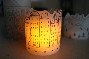 DIY paper lantern with a city skyline drawing
