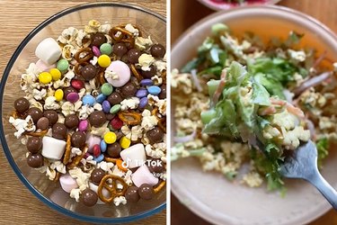 A bowl of popcorn mixed with chocolate, pretzels, and marshmallows, and a bowl of popcorn mixed with vegetables for a more traditional salad.