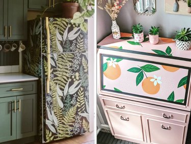 Collage with a botanically wallpapered refrigerator and a small pink cabinet featuring pink paint and wallpaper with oranges and leaves