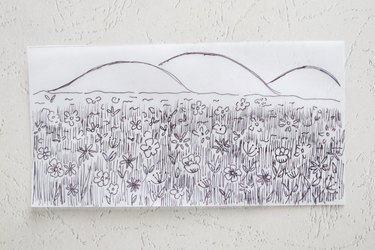 Drawing of a field of flowers on vellum