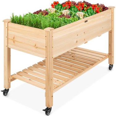 Best Choice raised wooden garden bed with casters and shelf, shown on a white ground