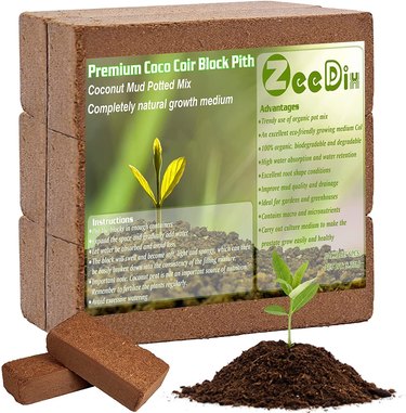 Six-pack of coco coir bricks, shown on a white ground with a seedling and two bricks displayed in front of the package