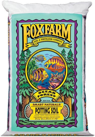 1.5 cubic foot bag of Fox Farm Ocean Forest potting soil shown on a white ground.
