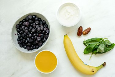 ingredients for blueberry basil smoothie.