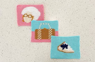 Three crochet panels of Sophia Petrillo, Sophia's purse and a slice of blueberry-topped cheesecake