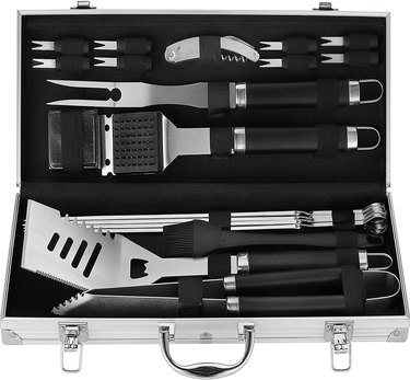 Grilljoy grilling tools set, displayed in open carry case, on a white ground