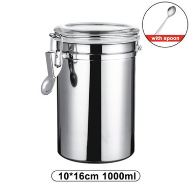 Stainless steel coffee canister with a buckle lid and included spoon.