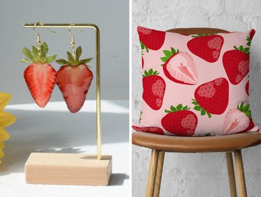 Collage with strawberry earrings and strawberry-patterned throw pillow