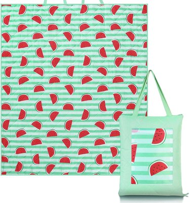Mint green and white striped blanket with a print of watermelon slices. The tote bag it folds into is also pictured and has the watermelon design on the front of it as well.