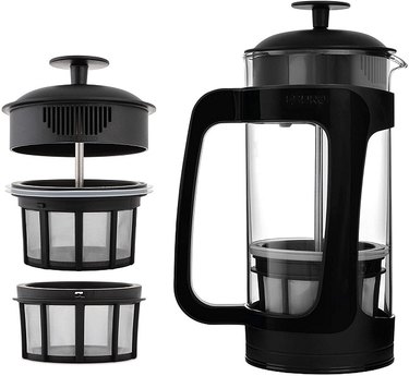 An Espro P3 French Press showing all the interior parts pictured against a white background.