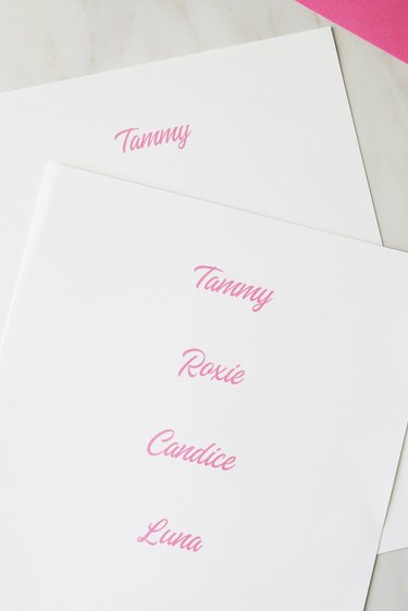Barbie script names printed on card stock