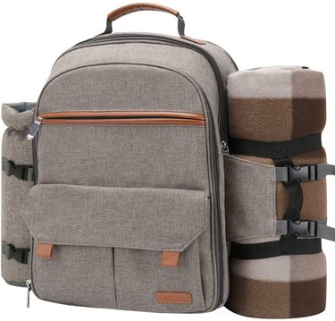 Sunflora Picnic Backpack in gray and brown with camel brown leather details